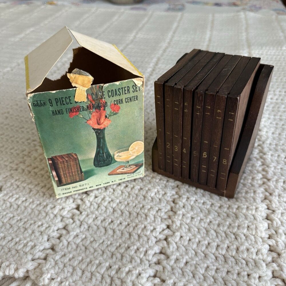 Vintage MCM Davar Wooden Book Volume Cork Coasters Set Of 8 Book Lover Gift 70s